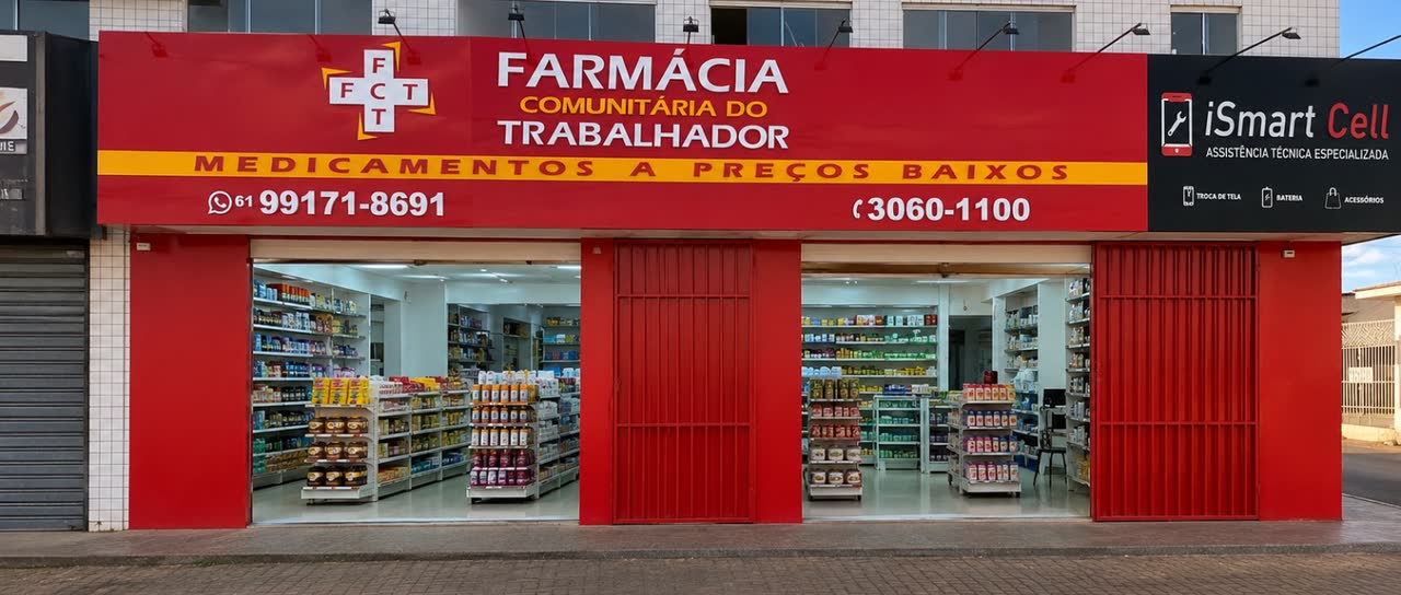 Fachada da Farmácia Comunitária do Trabalhador: letreiro vermelho com o símbolo FCT, a frase “medicamentos a preços baixos” e as duas entradas da loja abertas, com as prateleiras iluminadas ao fundo.
